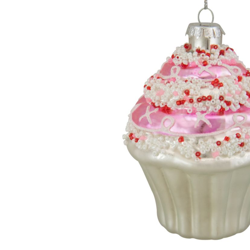 4inch Pink and White Cupcake with Sprinkles Glass Christmas Ornament