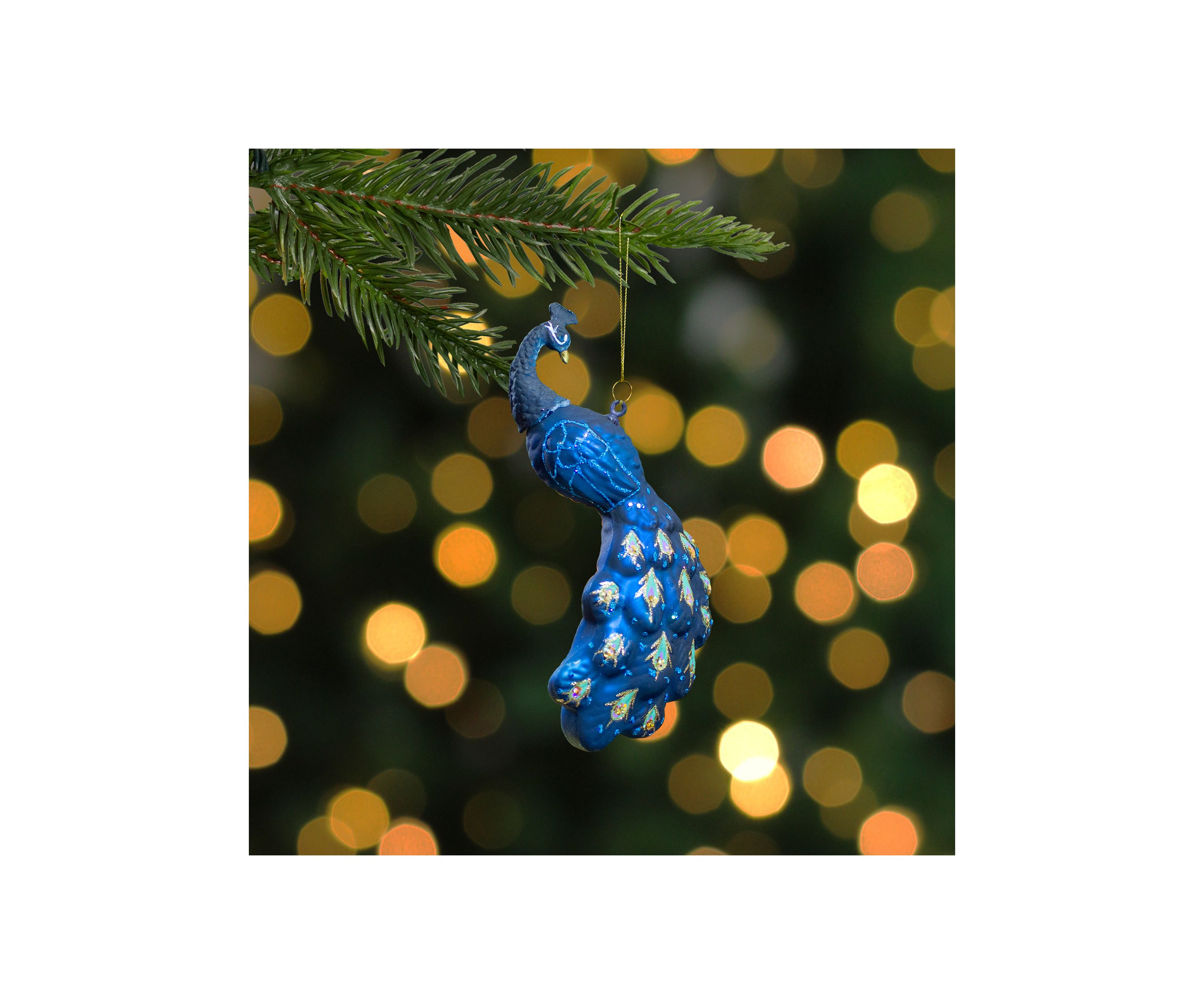 6.25Inch Blue and Turquoise Glass Peacock Christmas Ornament