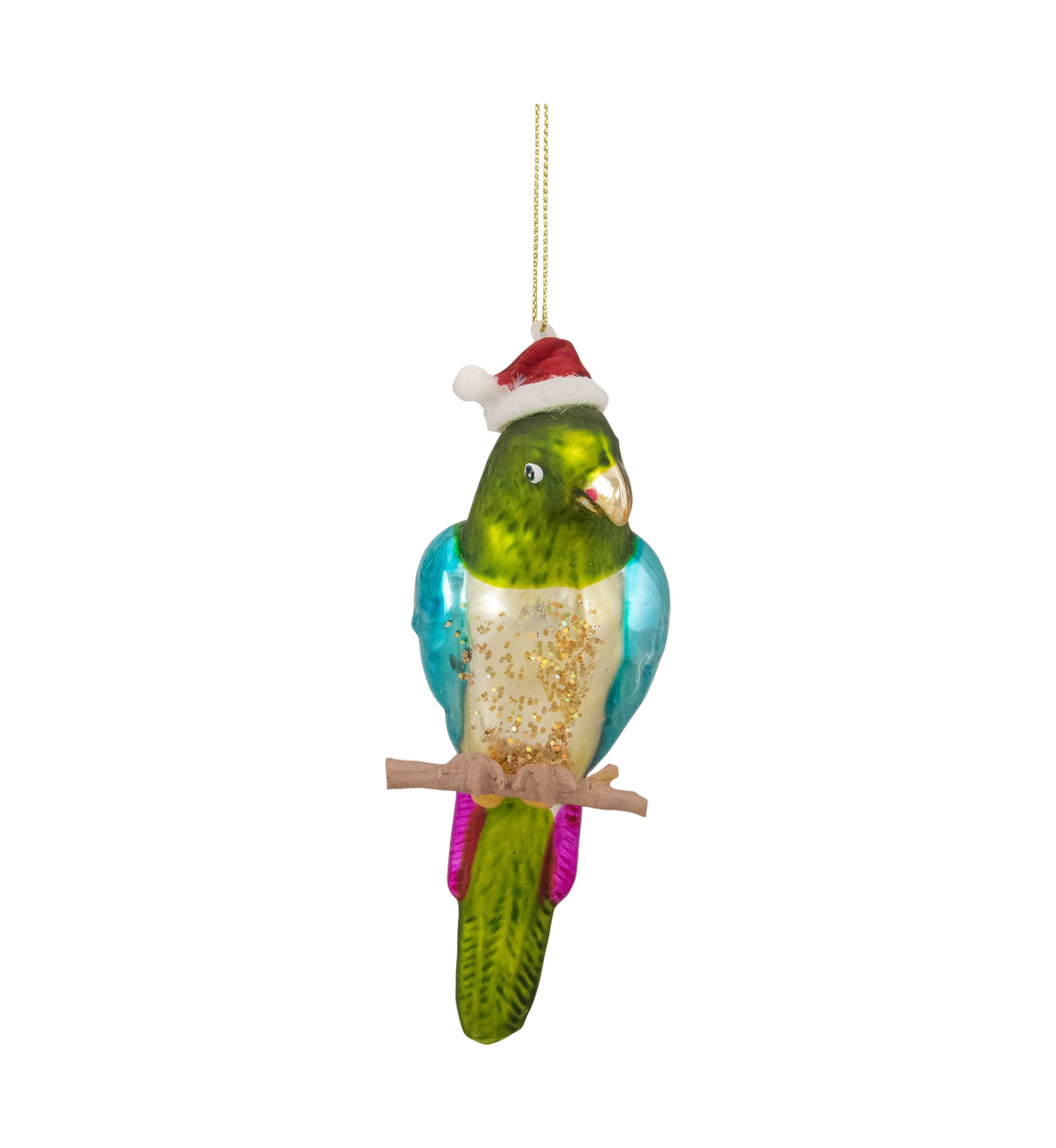 6.25Inch Green and Blue Parrot in a Santa Hat Glass Christmas Ornament