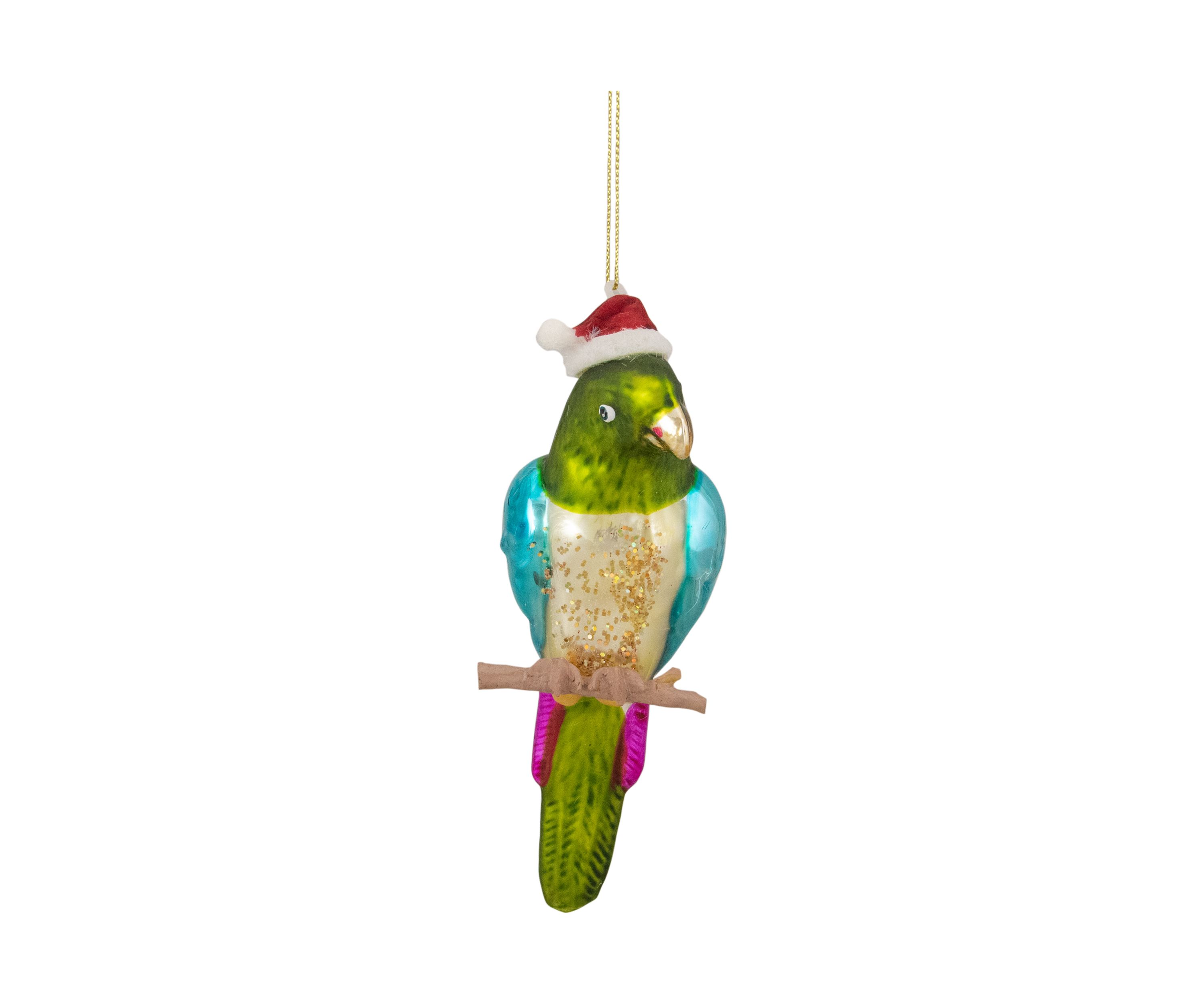 6.25Inch Green and Blue Parrot in a Santa Hat Glass Christmas Ornament