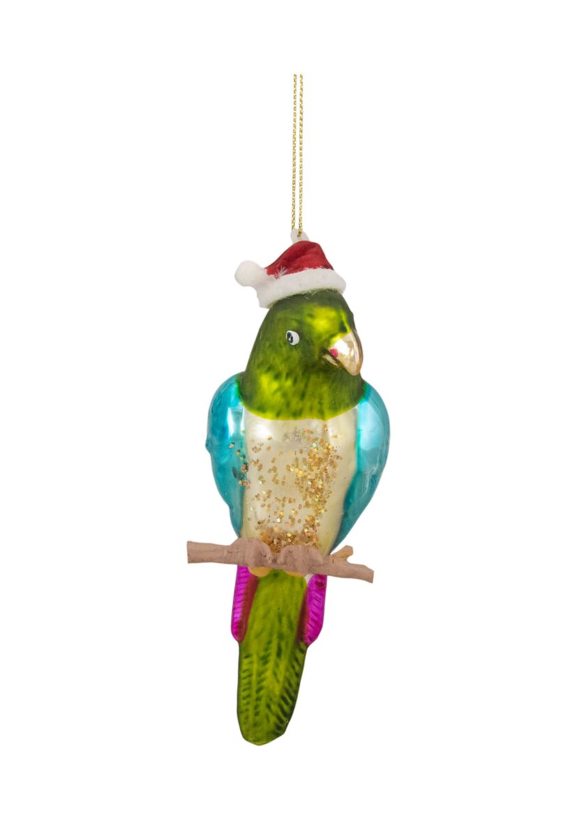6.25Inch Green and Blue Parrot in a Santa Hat Glass Christmas Ornament