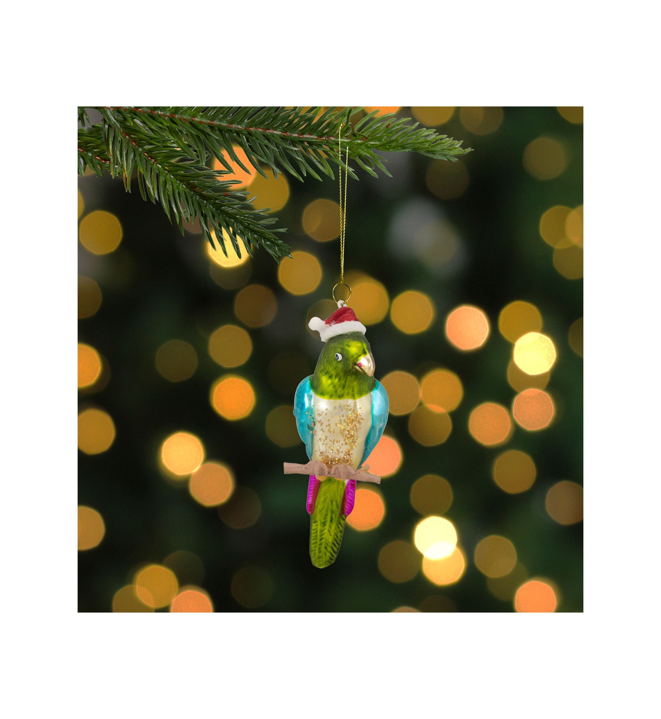 6.25Inch Green and Blue Parrot in a Santa Hat Glass Christmas Ornament