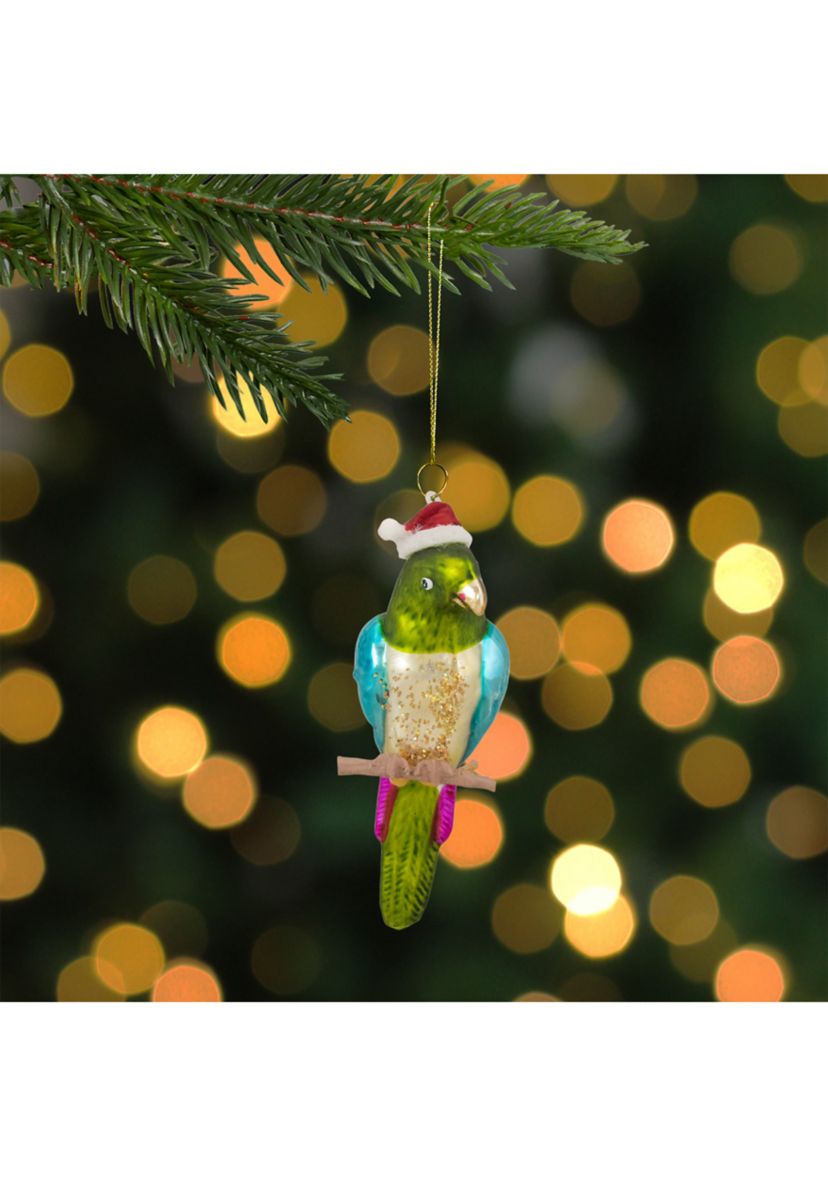 6.25Inch Green and Blue Parrot in a Santa Hat Glass Christmas Ornament