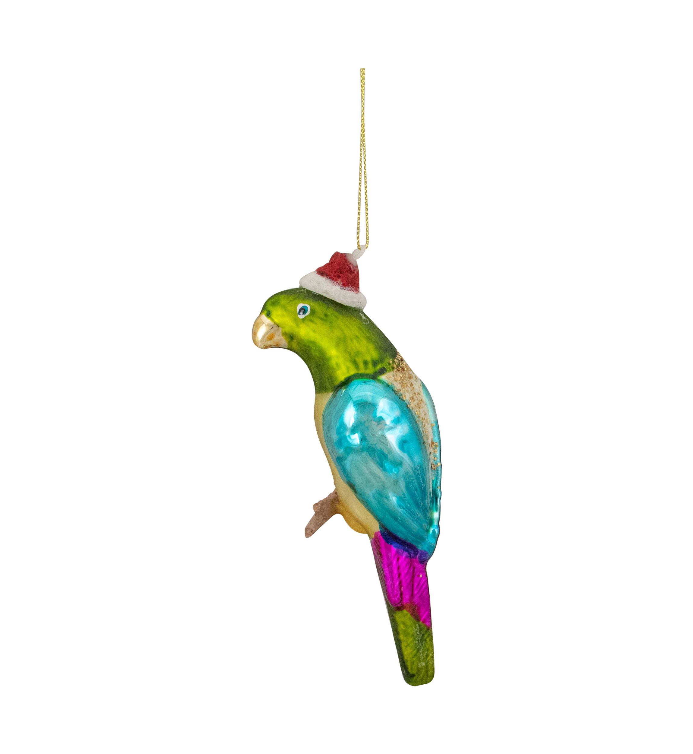 6.25Inch Green and Blue Parrot in a Santa Hat Glass Christmas Ornament
