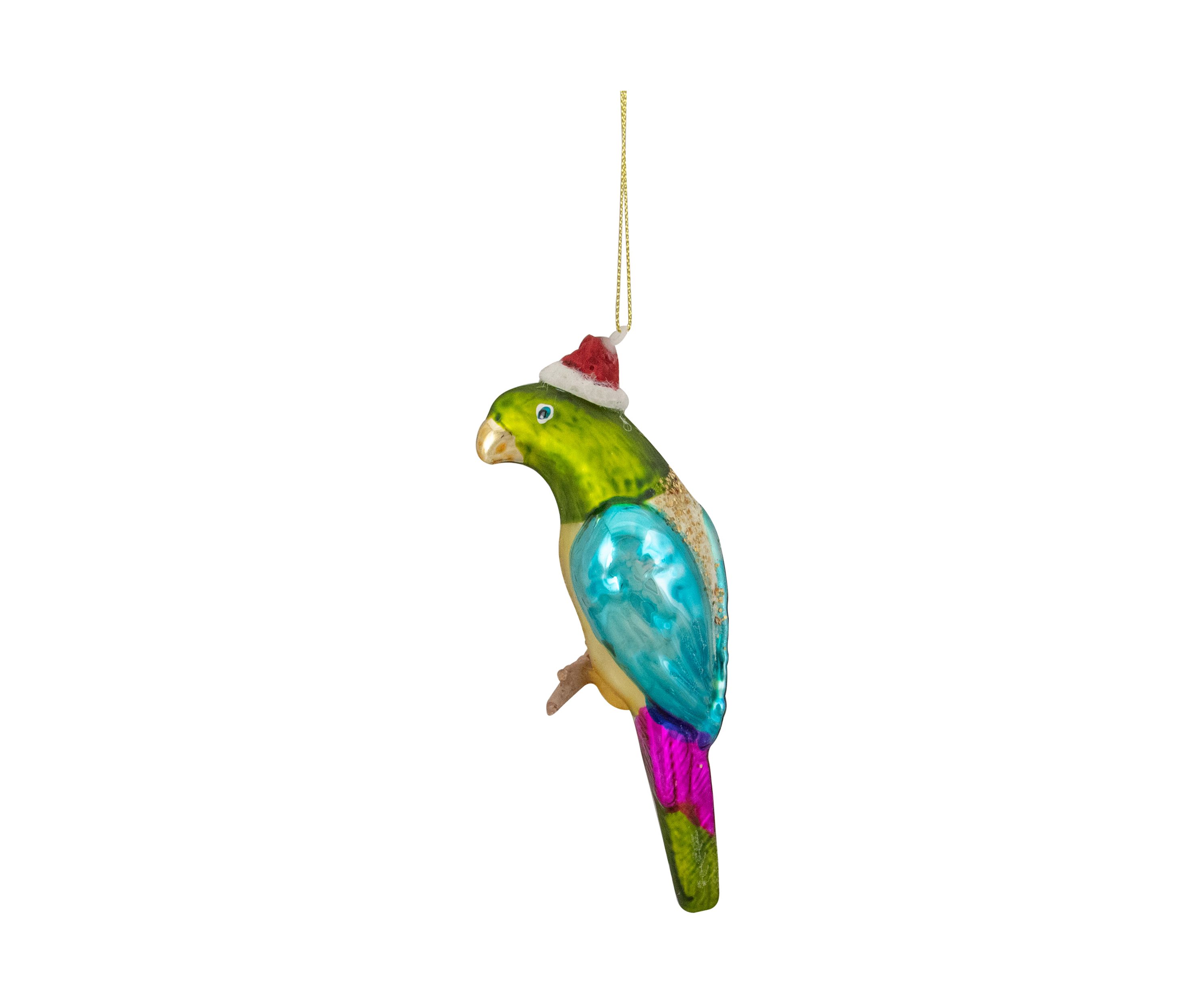 6.25Inch Green and Blue Parrot in a Santa Hat Glass Christmas Ornament