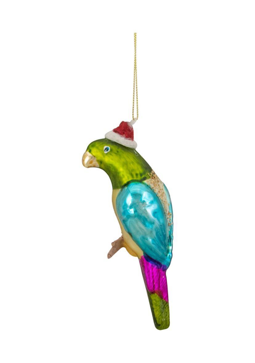 6.25Inch Green and Blue Parrot in a Santa Hat Glass Christmas Ornament
