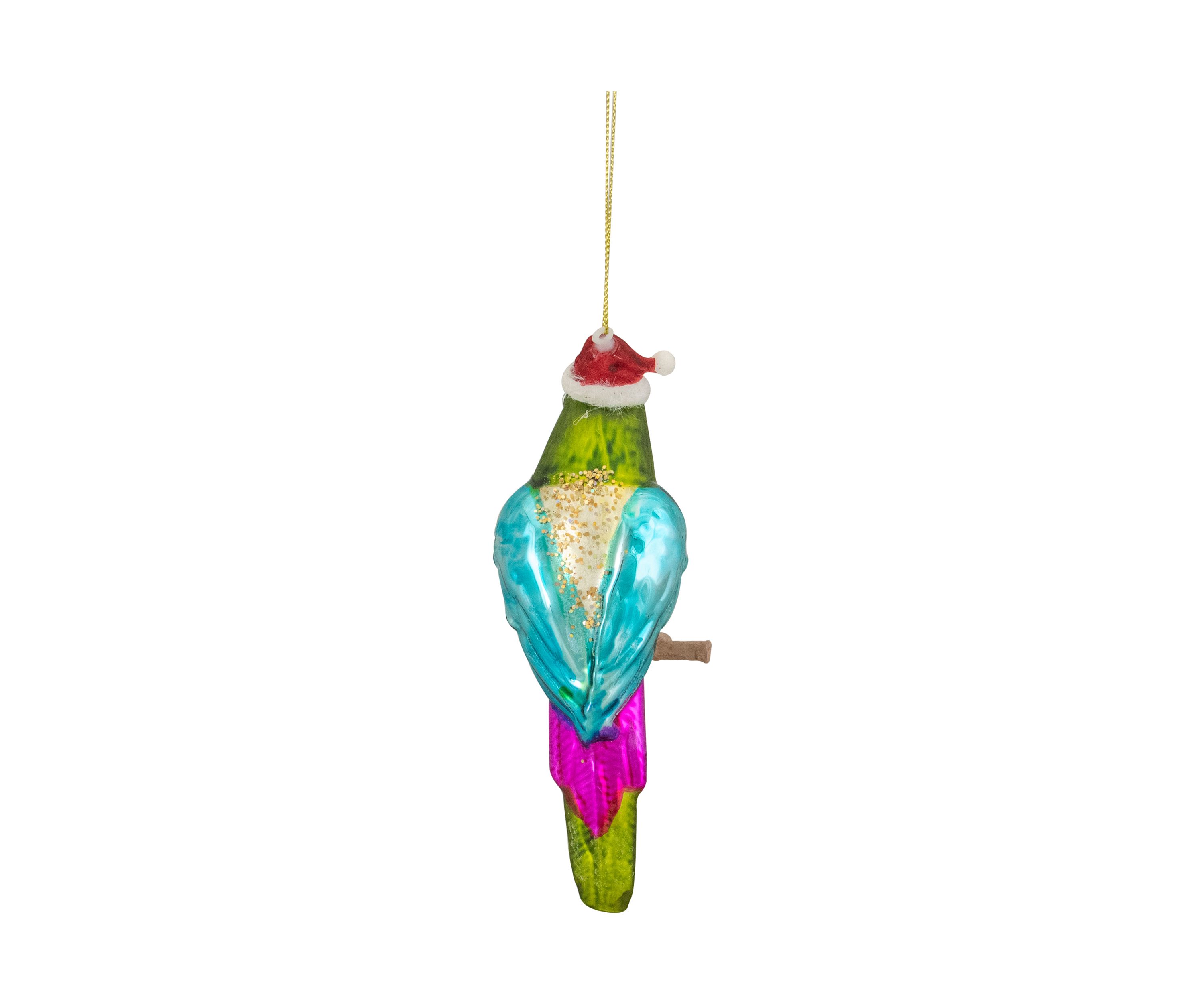 6.25Inch Green and Blue Parrot in a Santa Hat Glass Christmas Ornament