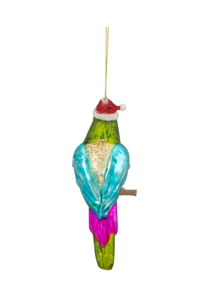 6.25Inch Green and Blue Parrot in a Santa Hat Glass Christmas Ornament