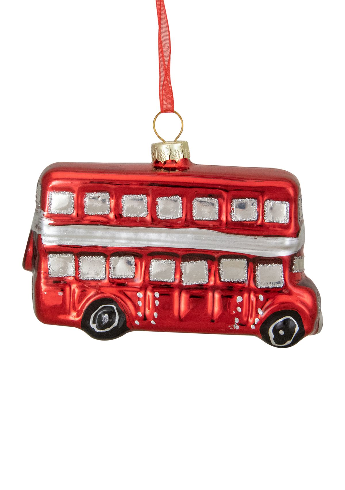 3.75Inch Red and Silver Double Decker Bus Glass Christmas Ornament
