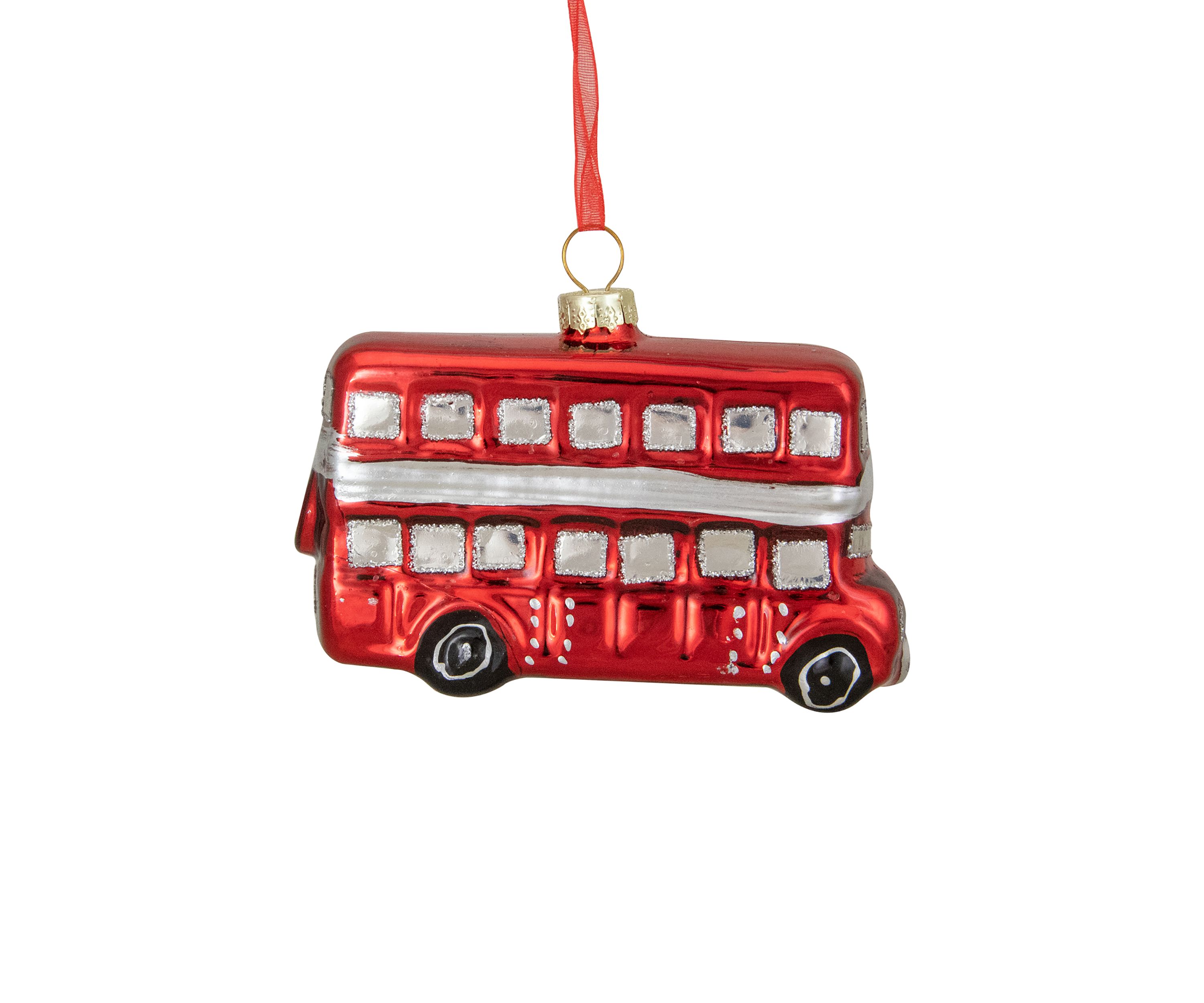 3.75Inch Red and Silver Double Decker Bus Glass Christmas Ornament