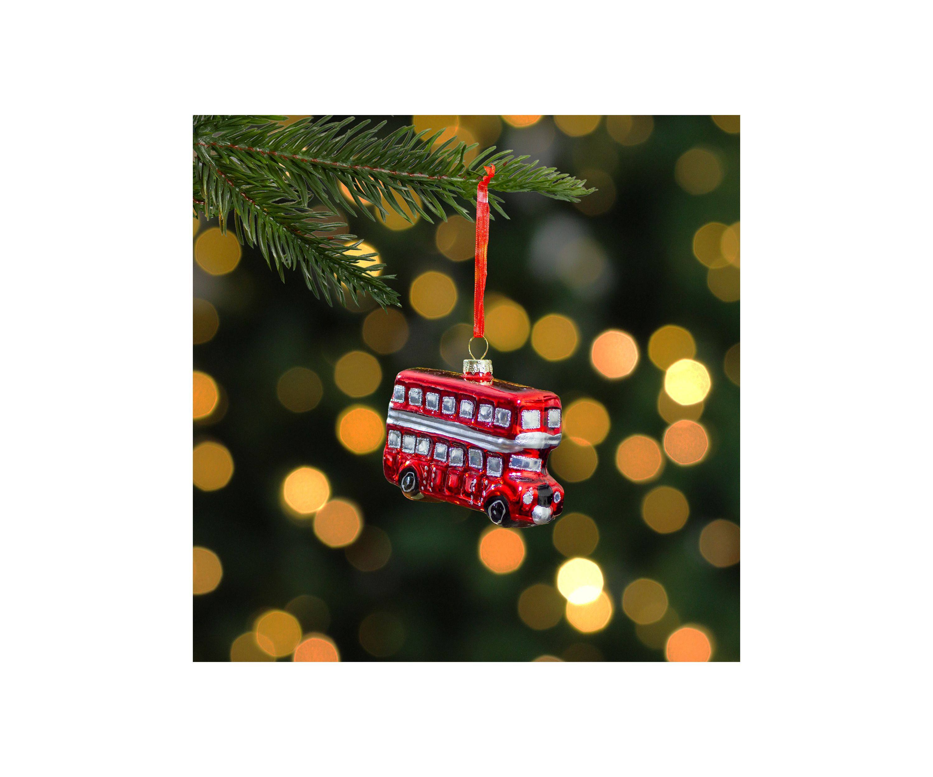 3.75Inch Red and Silver Double Decker Bus Glass Christmas Ornament