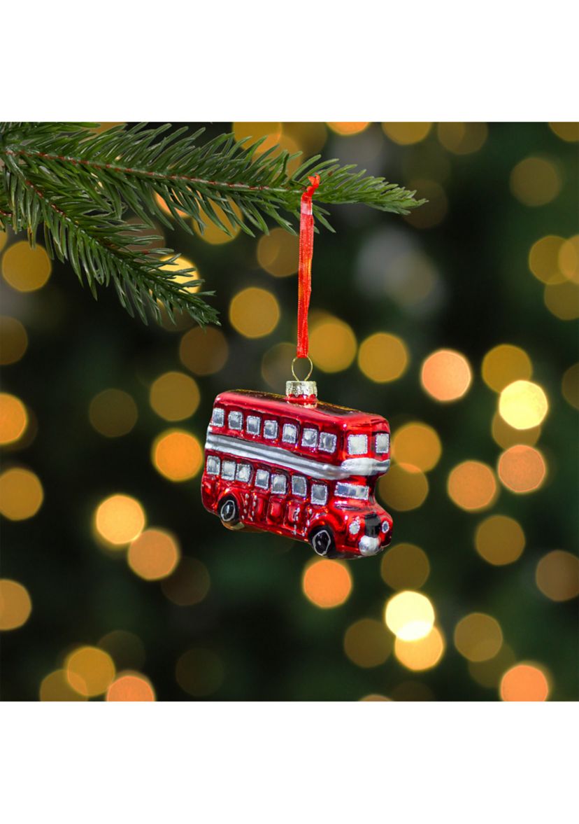 3.75Inch Red and Silver Double Decker Bus Glass Christmas Ornament