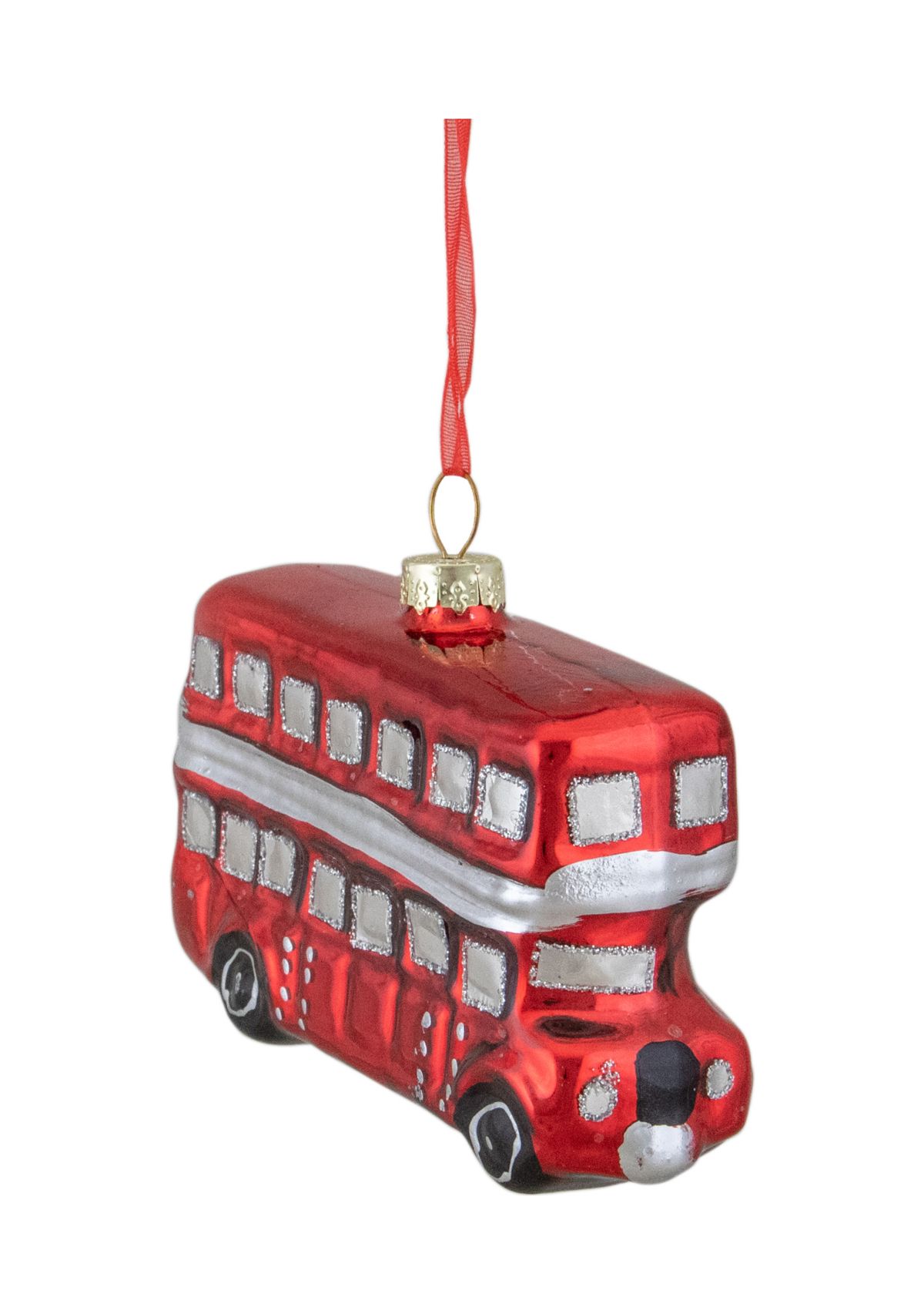 3.75Inch Red and Silver Double Decker Bus Glass Christmas Ornament