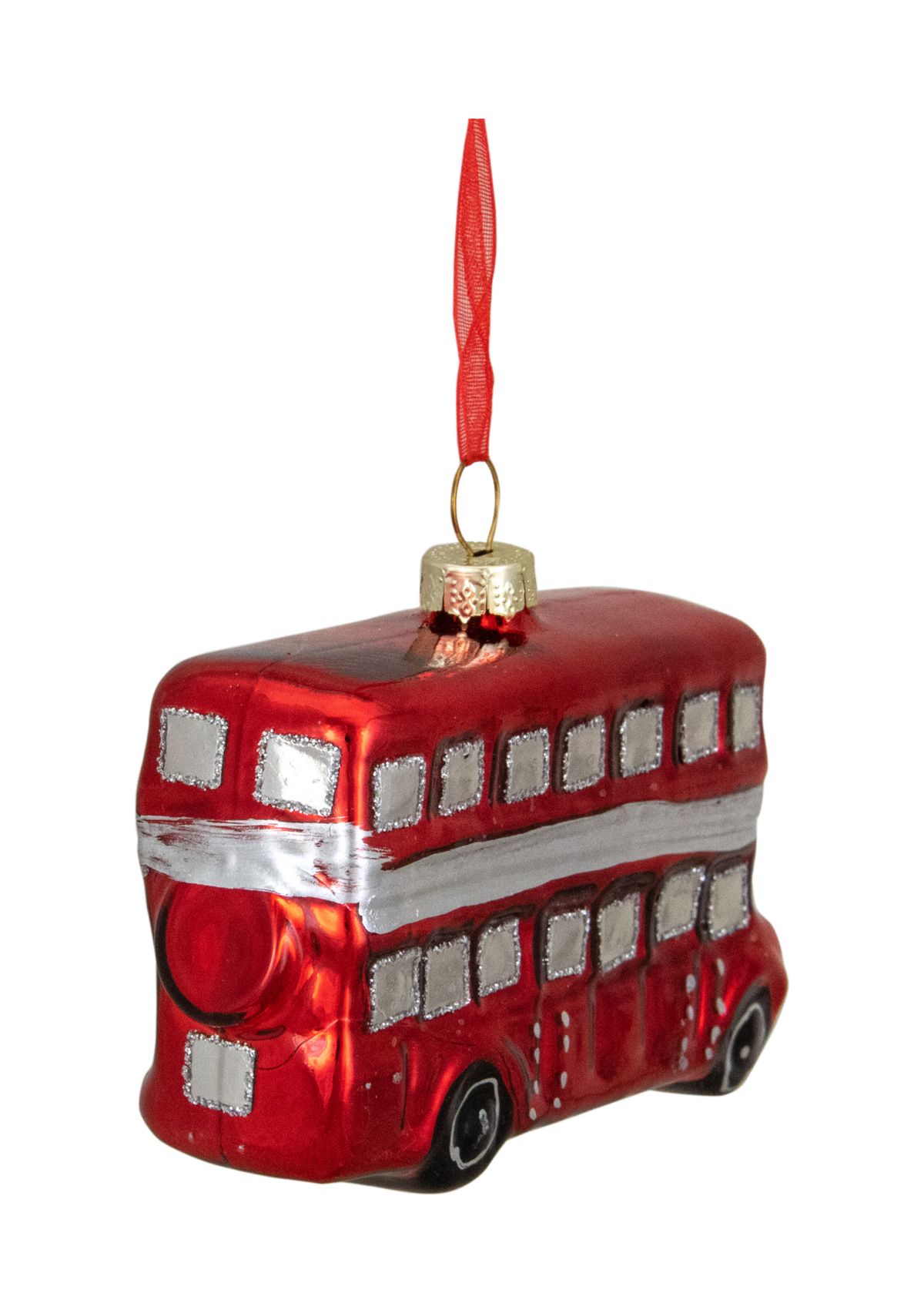 3.75Inch Red and Silver Double Decker Bus Glass Christmas Ornament