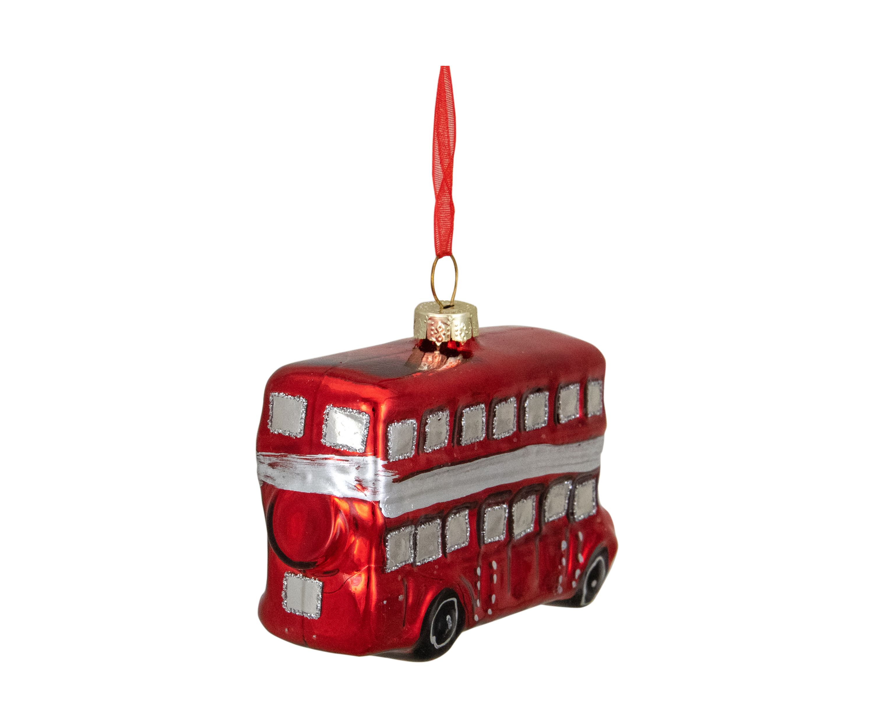 3.75Inch Red and Silver Double Decker Bus Glass Christmas Ornament