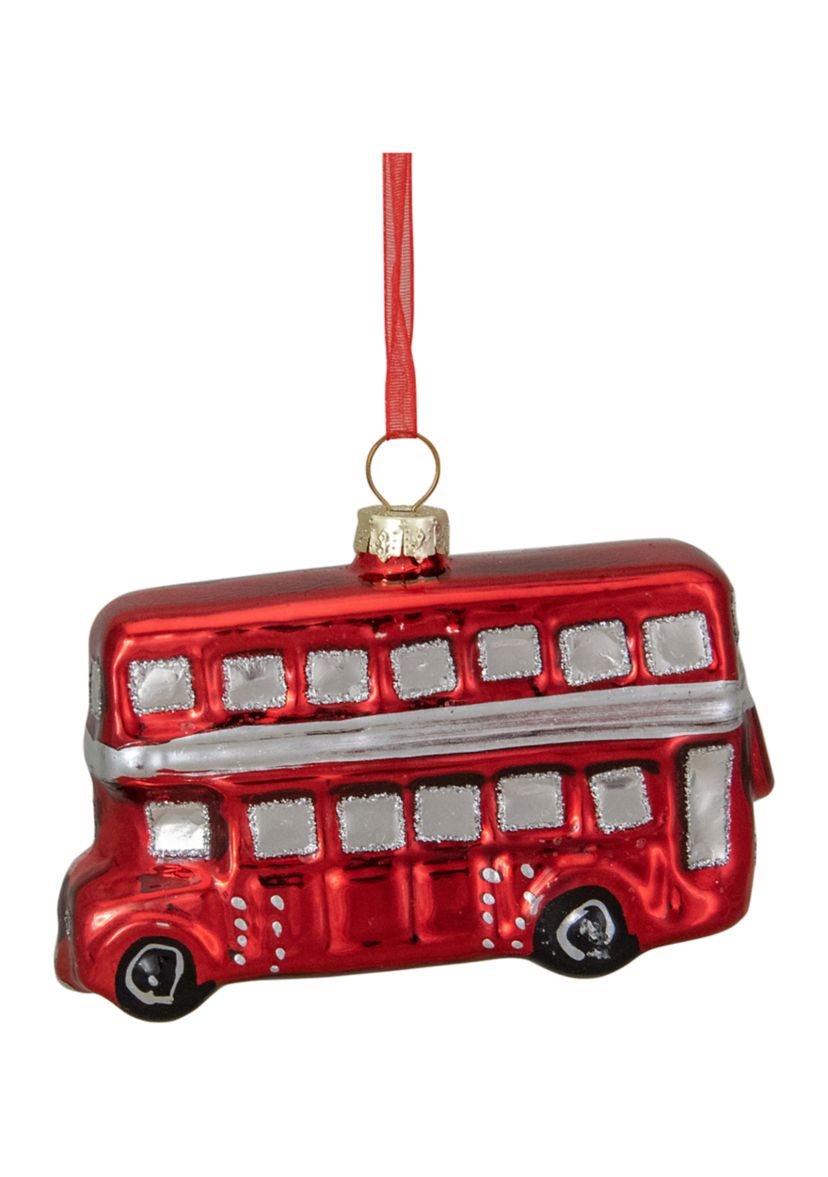 3.75Inch Red and Silver Double Decker Bus Glass Christmas Ornament