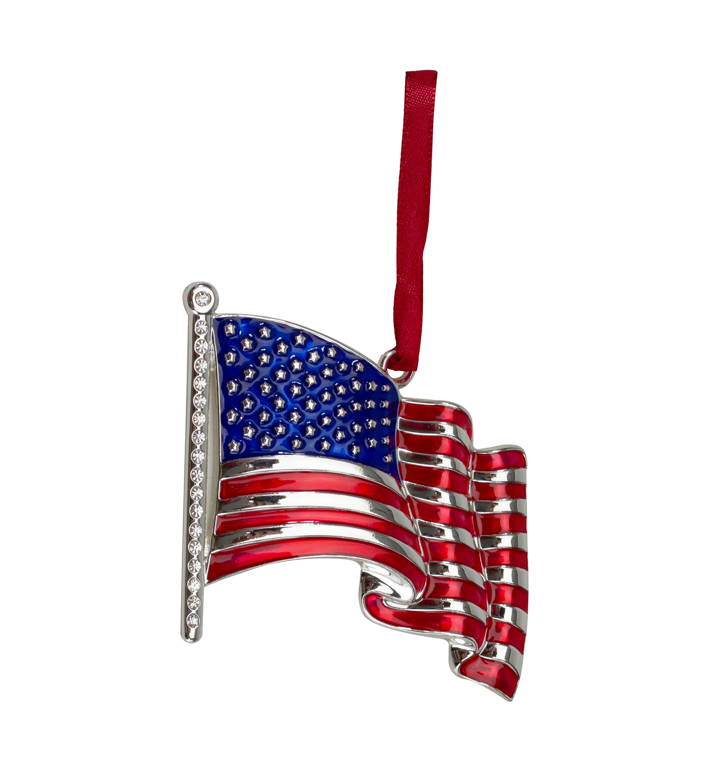 3.25Inch Silver Plated American Flag with European Crystals Christmas Ornament