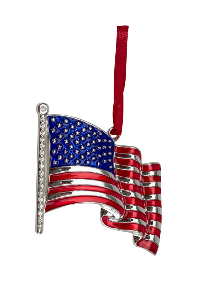 3.25Inch Silver Plated American Flag with European Crystals Christmas Ornament