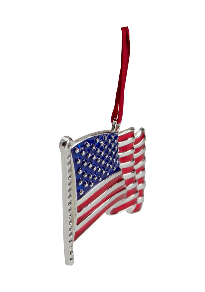 3.25Inch Silver Plated American Flag with European Crystals Christmas Ornament