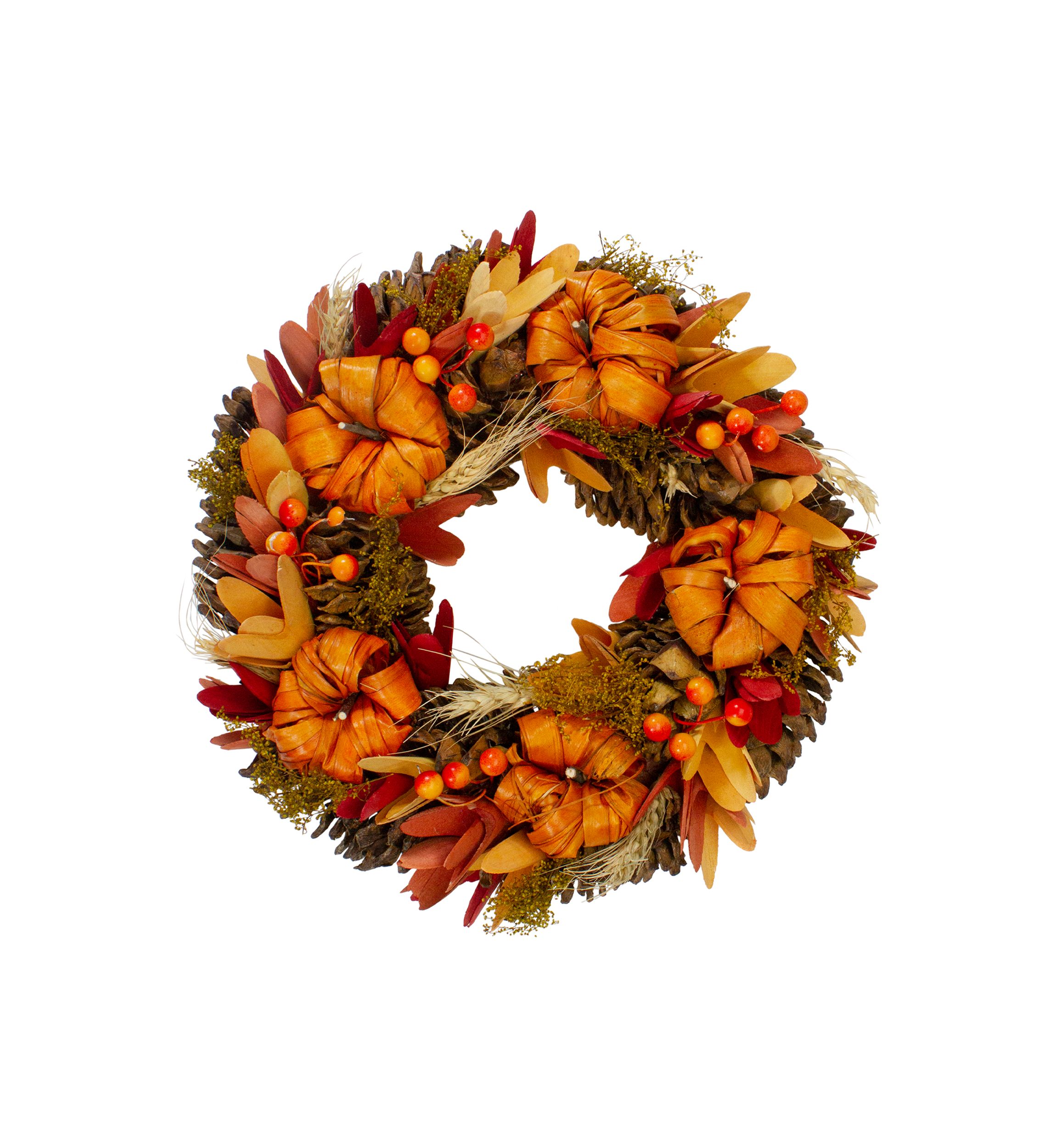 Orange Pumpkins and Berries Autumn Harvest Wreath  13- inch  Unlit