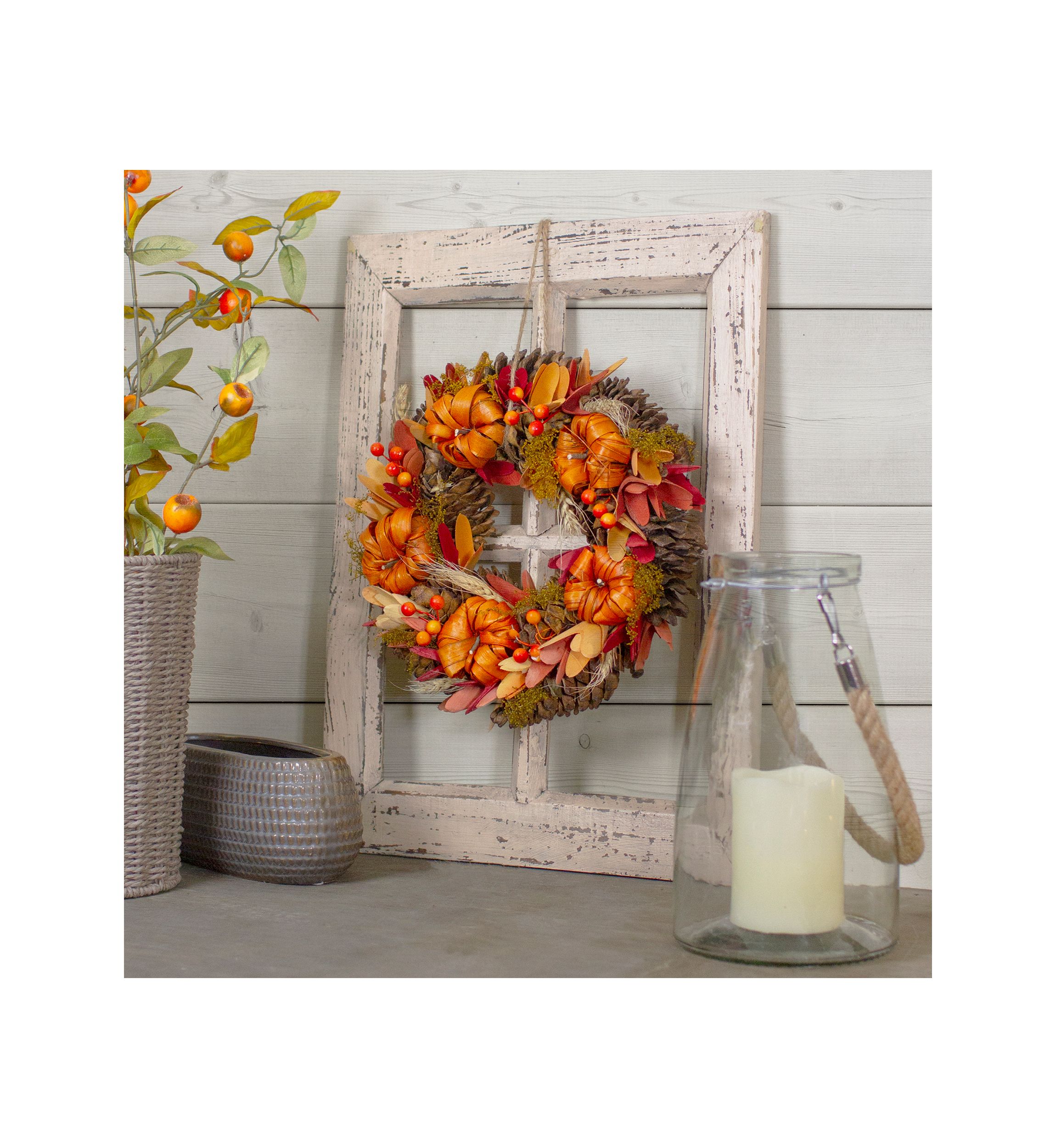 Orange Pumpkins and Berries Autumn Harvest Wreath  13- inch  Unlit