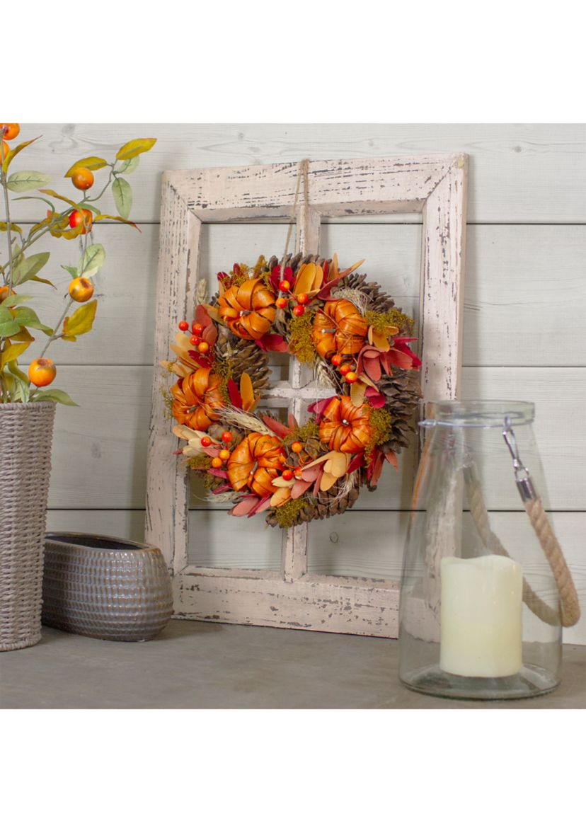 Orange Pumpkins and Berries Autumn Harvest Wreath  13- inch  Unlit