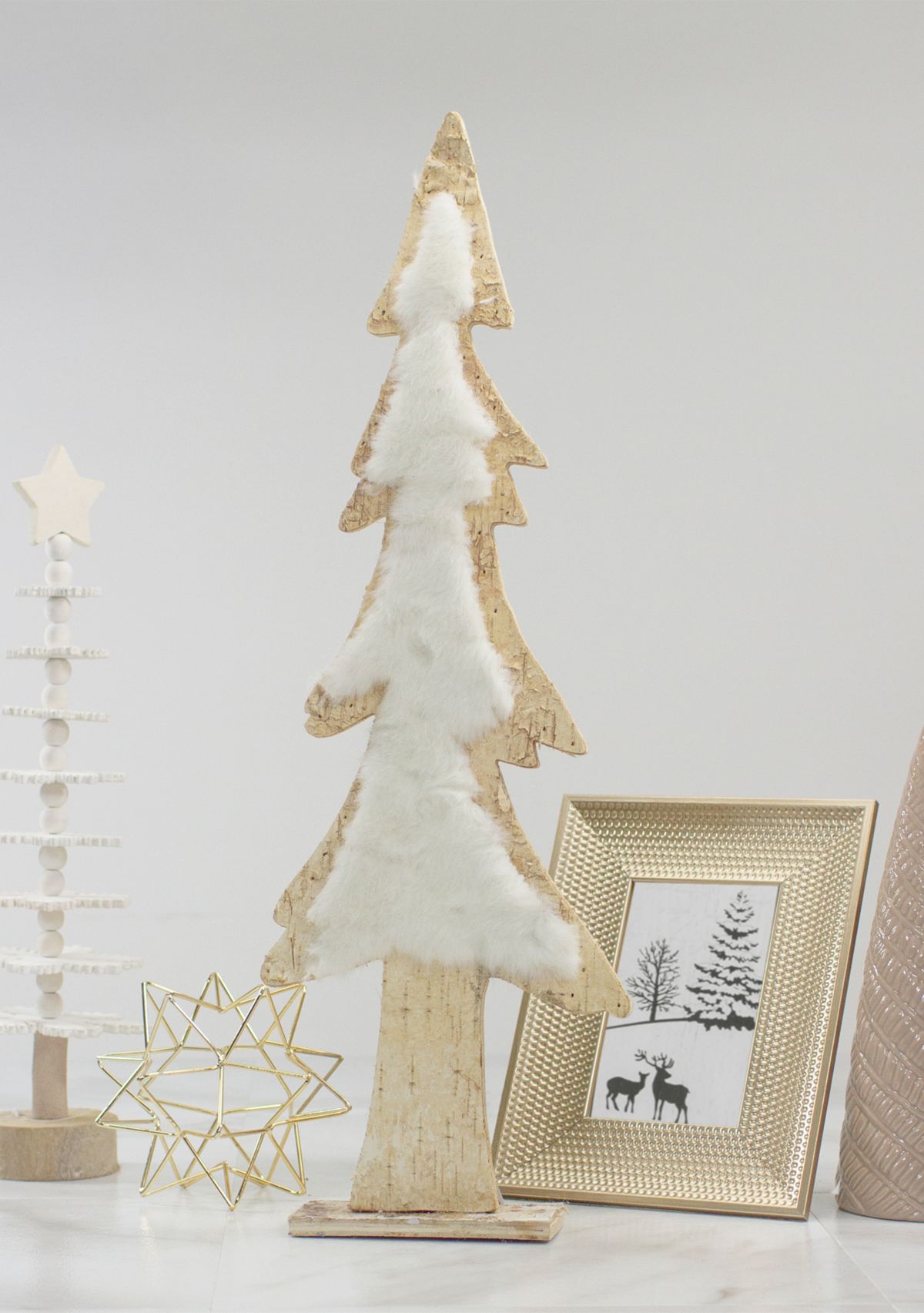 14.5Inch Brown and White Wooden Tree Christmas Tabletop Decor