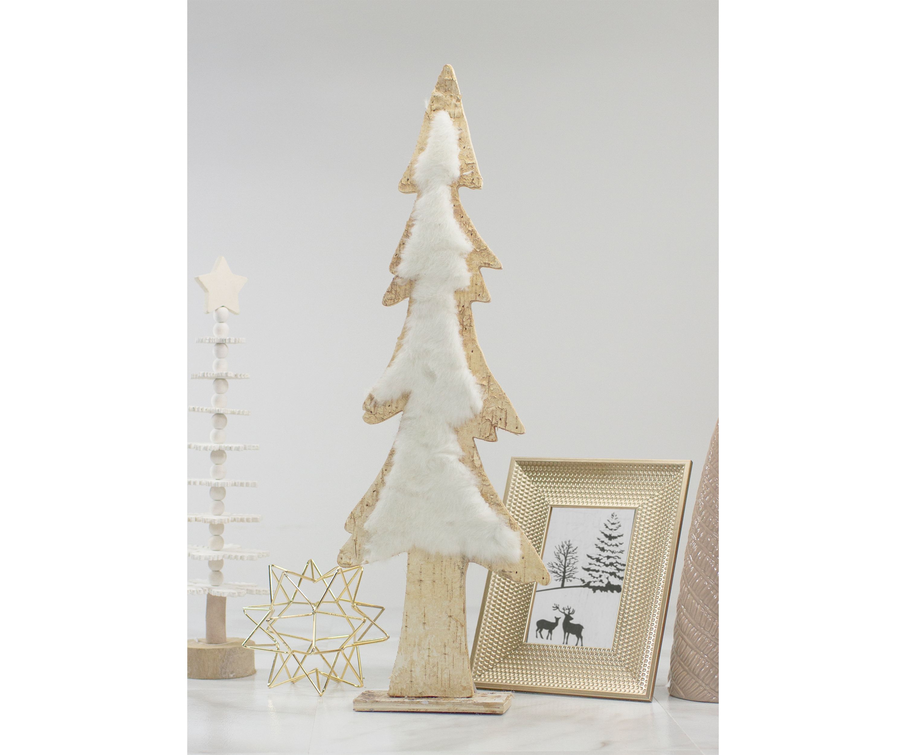 14.5Inch Brown and White Wooden Tree Christmas Tabletop Decor