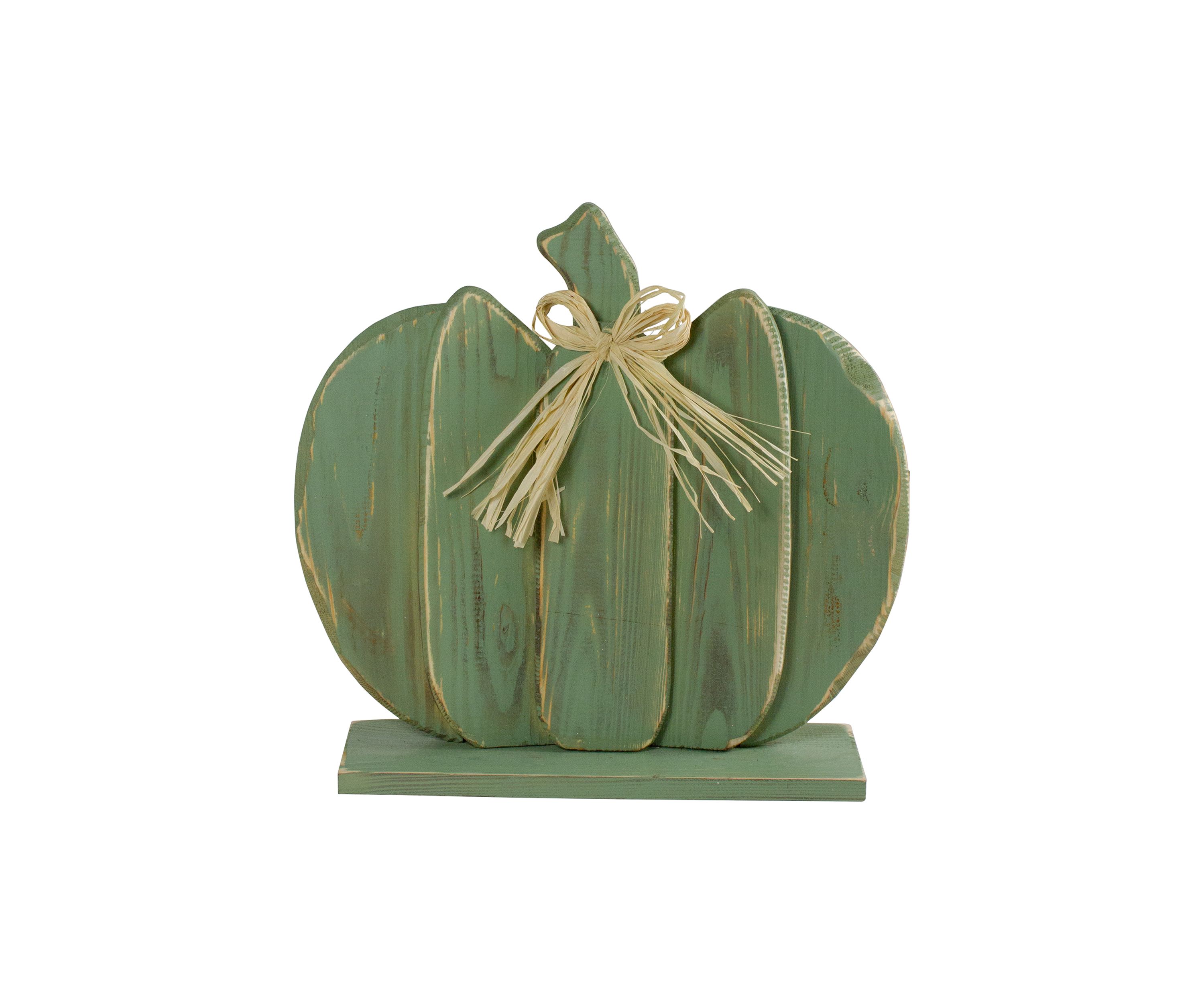 14.5 inch Green Wooden Fall Harvest Table Top Pumpkin with Bow