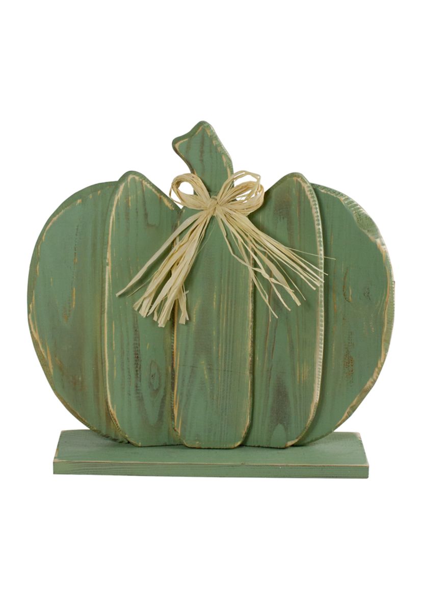 14.5 inch Green Wooden Fall Harvest Table Top Pumpkin with Bow