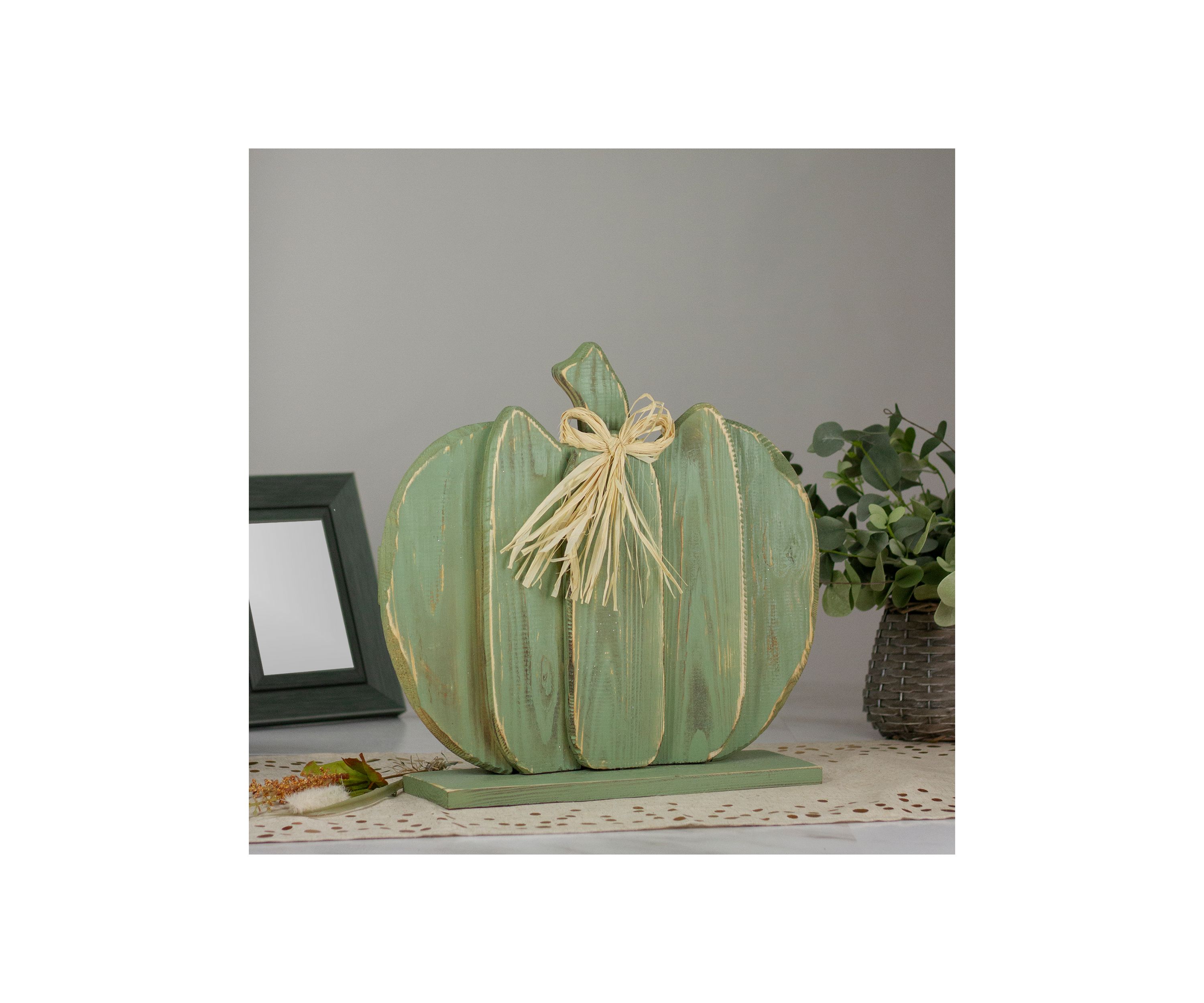 14.5 inch Green Wooden Fall Harvest Table Top Pumpkin with Bow
