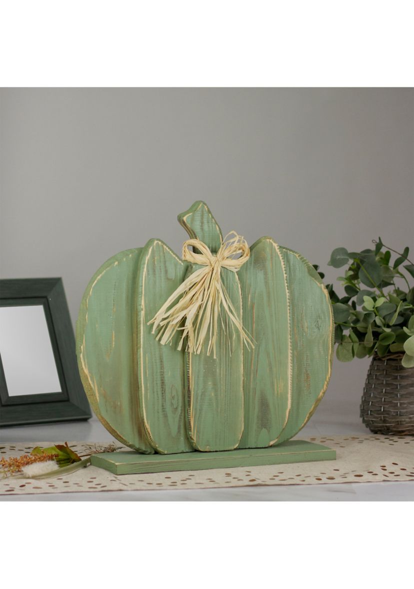 14.5 inch Green Wooden Fall Harvest Table Top Pumpkin with Bow
