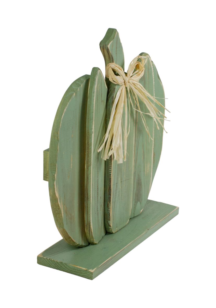 14.5 inch Green Wooden Fall Harvest Table Top Pumpkin with Bow