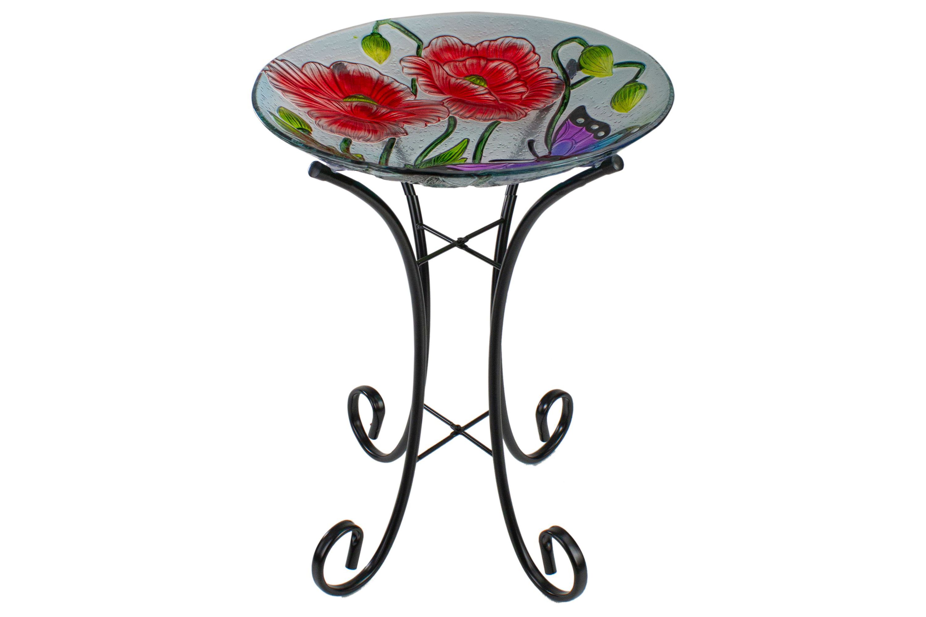 21" Butterfly and Carnations Hand Painted Glass Outdoor Birdbath
