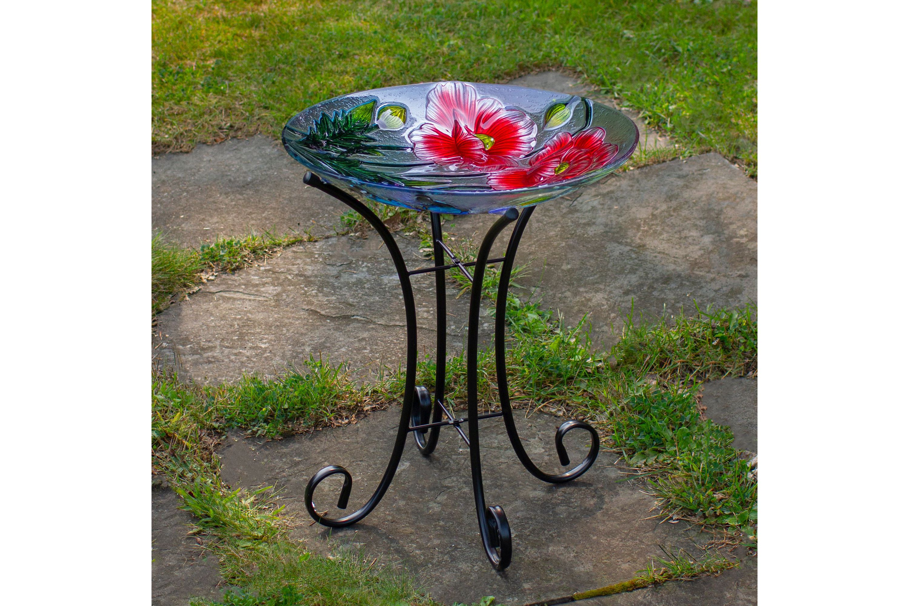 21" Butterfly and Carnations Hand Painted Glass Outdoor Birdbath
