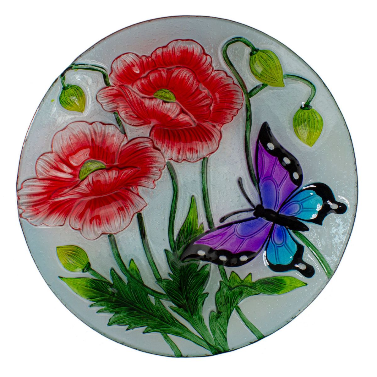 21" Butterfly and Carnations Hand Painted Glass Outdoor Birdbath