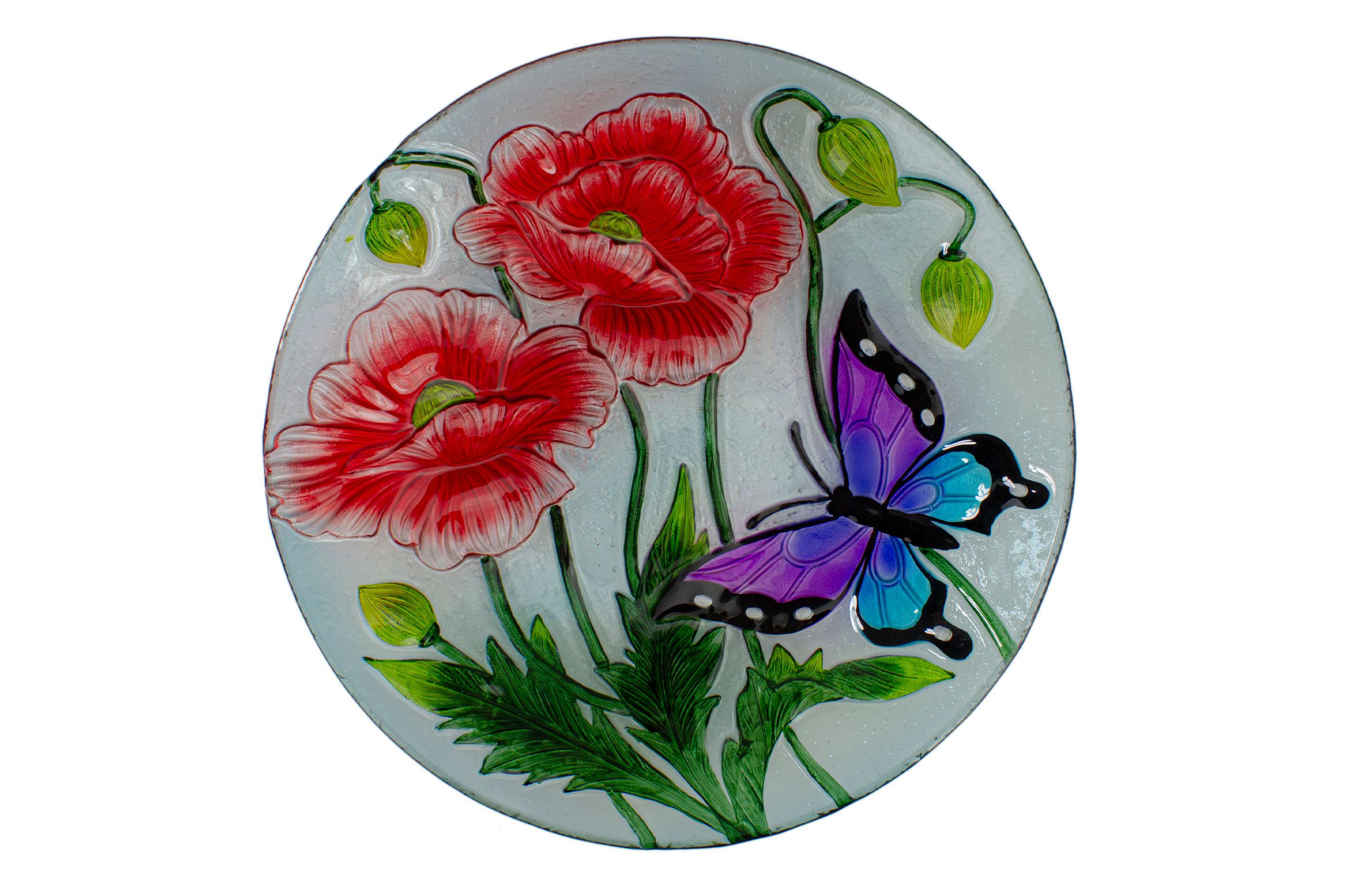 21" Butterfly and Carnations Hand Painted Glass Outdoor Birdbath