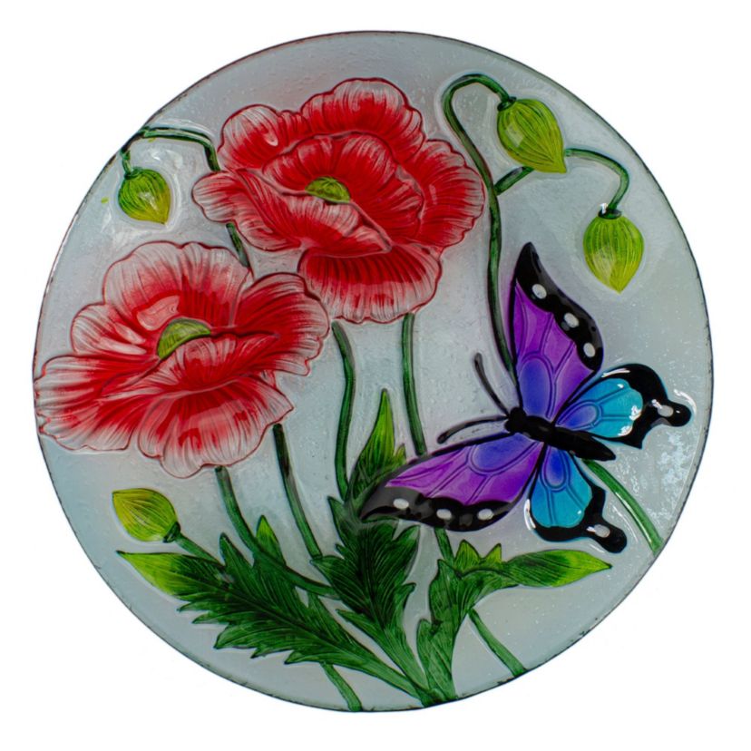 21" Butterfly and Carnations Hand Painted Glass Outdoor Birdbath