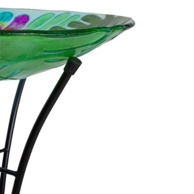 18" Colorful Dragonfly with Green Leaves Hand Painted Glass Outdoor Patio Birdbath