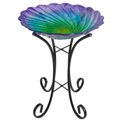 18" Purple and Green Swirled Hand Painted Glass Outdoor Birdbath