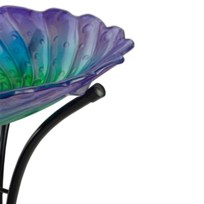 18" Purple and Green Swirled Hand Painted Glass Outdoor Birdbath