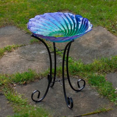 18" Purple and Green Swirled Hand Painted Glass Outdoor Birdbath