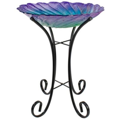 18" Purple and Green Swirled Hand Painted Glass Outdoor Birdbath