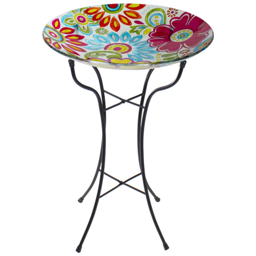 18" Pastel Pink and Blue Flowers Hand Painted Glass Outdoor Patio Bird Bath