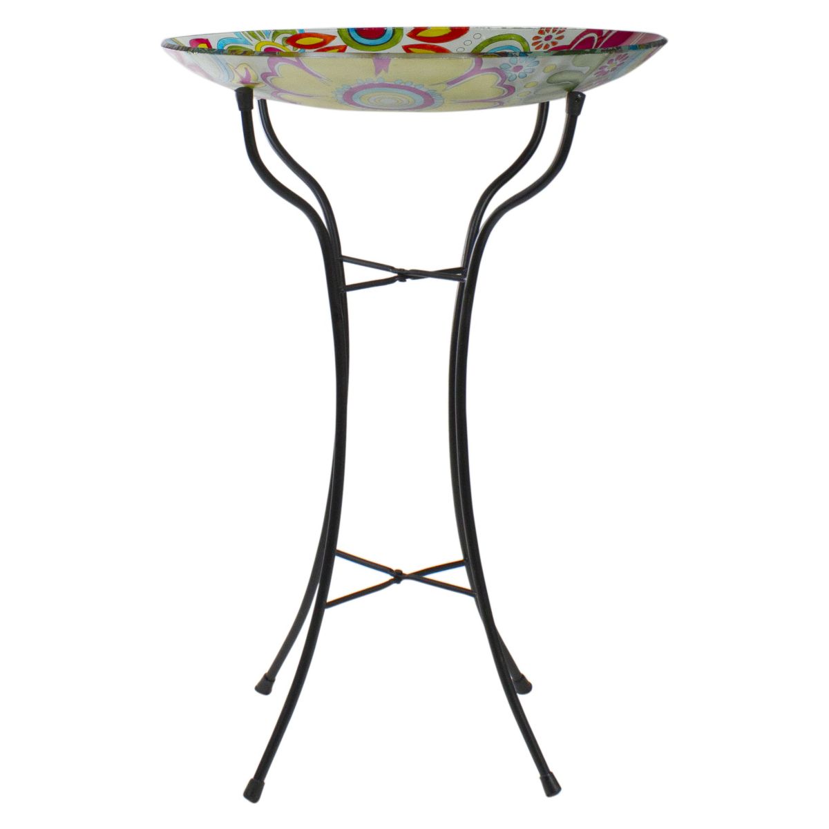 18" Pastel Pink and Blue Flowers Hand Painted Glass Outdoor Patio Bird Bath