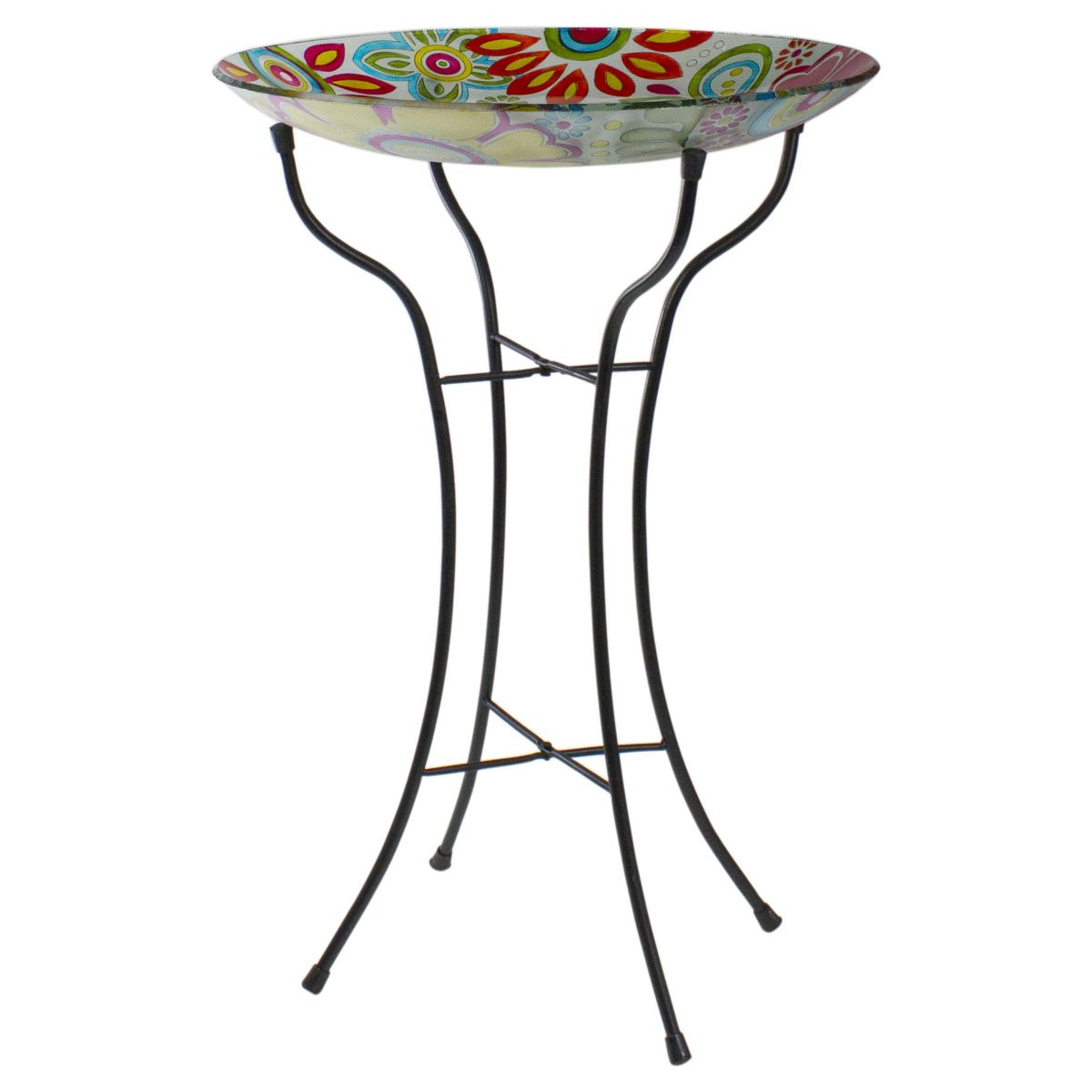 18" Pastel Pink and Blue Flowers Hand Painted Glass Outdoor Patio Bird Bath