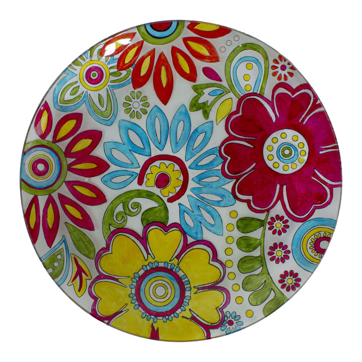 18" Pastel Pink and Blue Flowers Hand Painted Glass Outdoor Patio Bird Bath