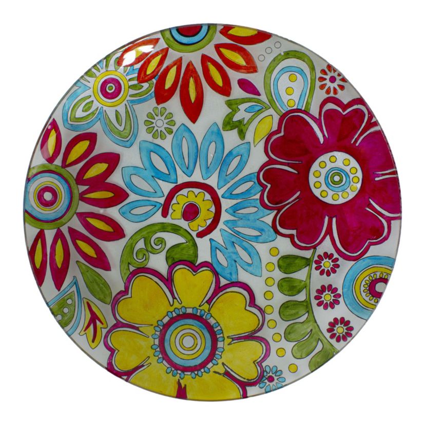 18" Pastel Pink and Blue Flowers Hand Painted Glass Outdoor Patio Bird Bath