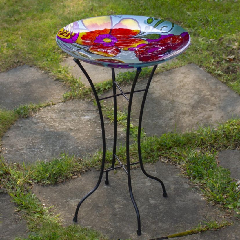 18" Multi-Colored Hand Painted Glass Floral Pattern Outdoor Patio Bird Bath