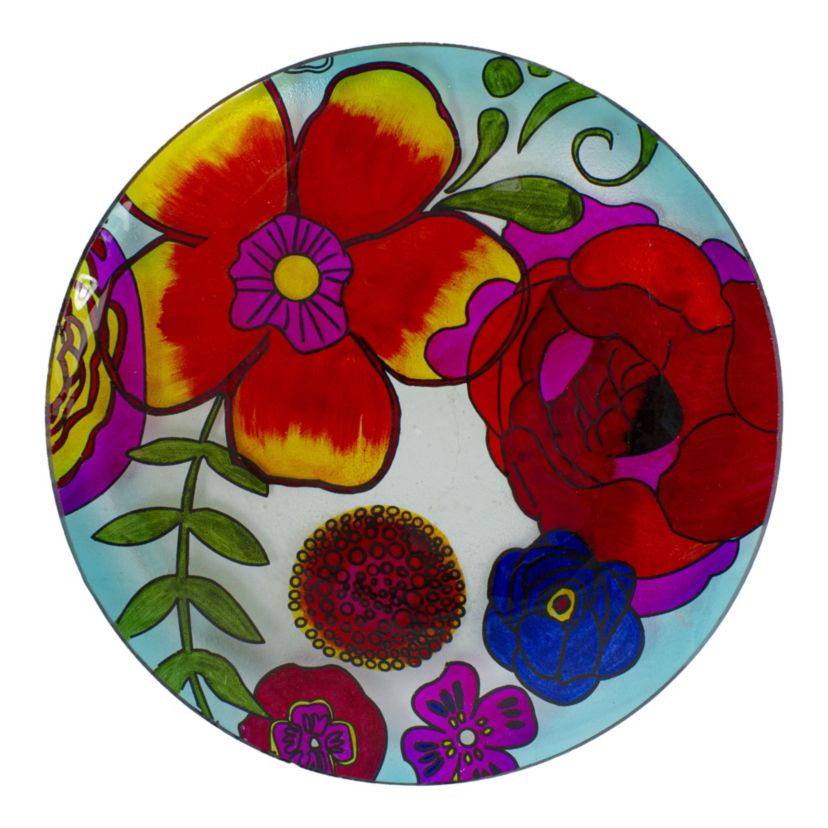 18" Multi-Colored Hand Painted Glass Floral Pattern Outdoor Patio Bird Bath